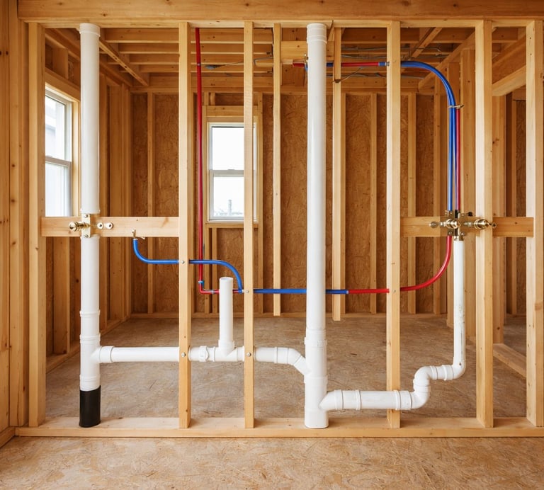 Interior framing of a building under construction showing wooden studs, white PVC pipes, and blue and red copper tubing for plumbing and HVAC systems.