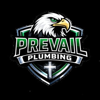 Prevail Plumbing logo featuring an eagle head above a shield with green and blue trim and a white cross