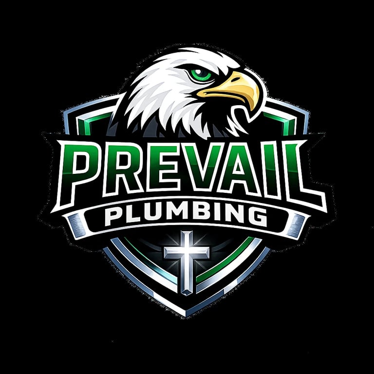 Prevail Plumbing logo featuring an eagle head above a shield with green and blue trim and a white cross
